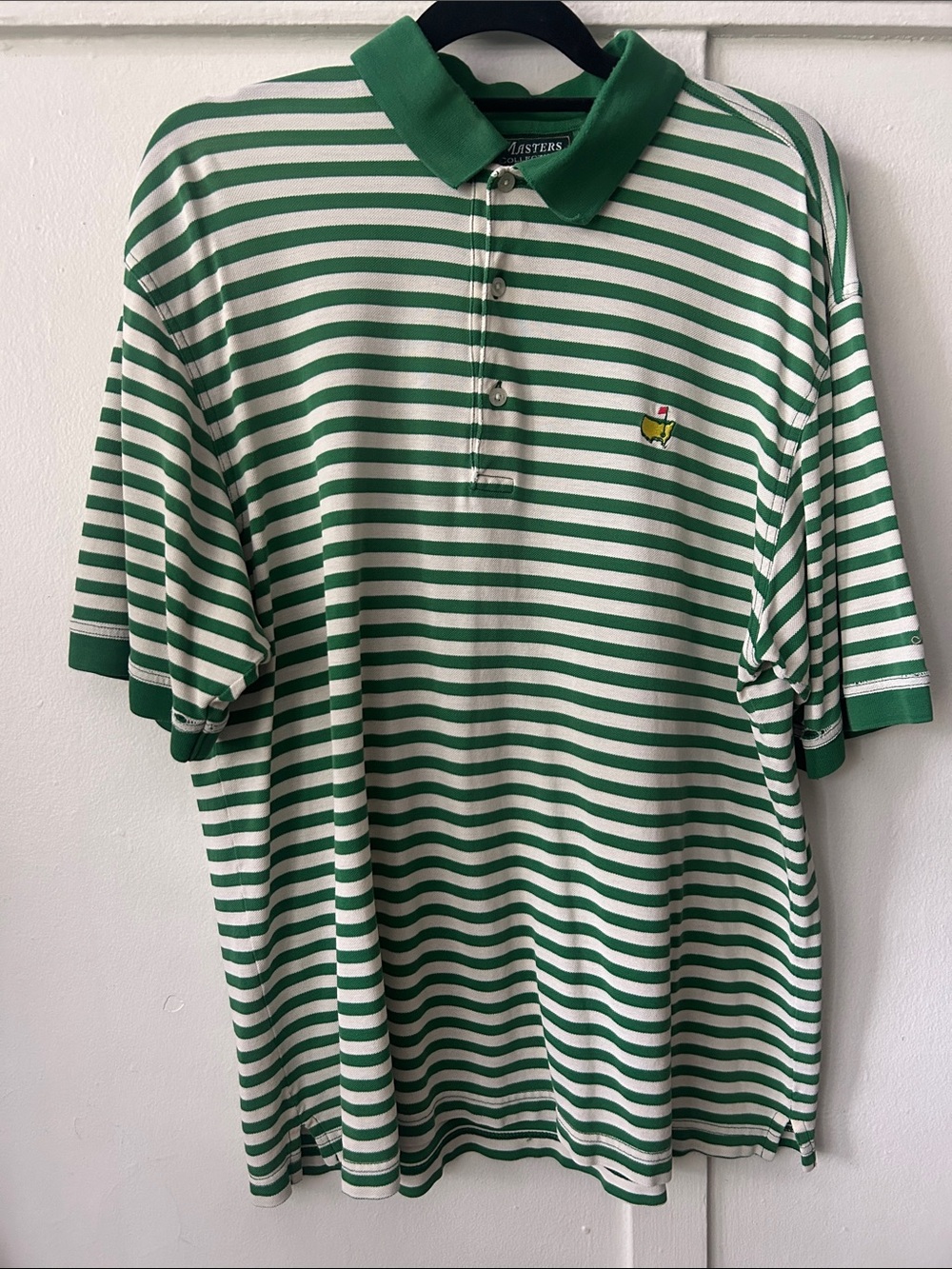 Masters Green & White Striped Polo with Embroidered Masters Crest